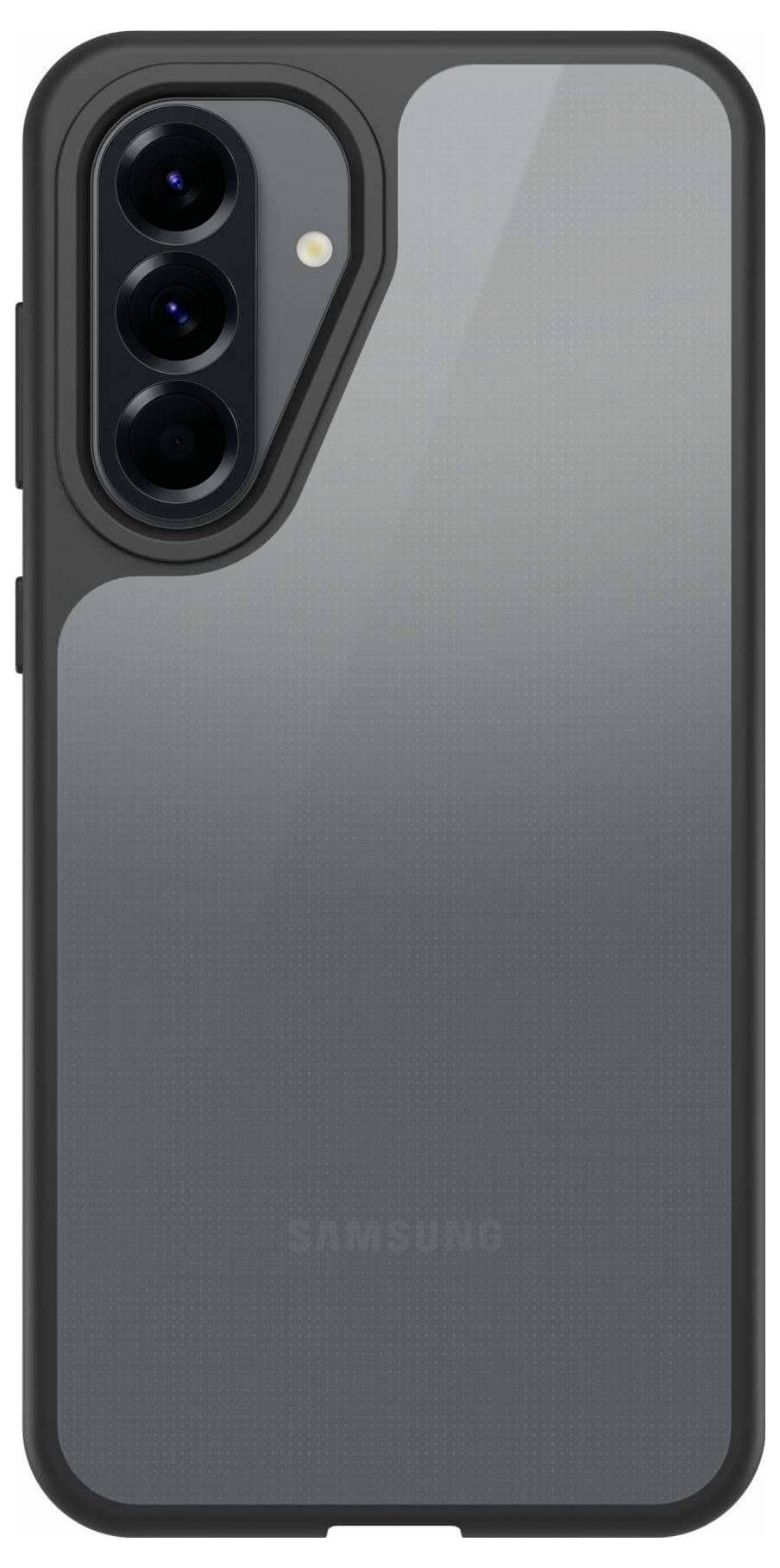 Ein Smartphone mit einer schwarzen Hülle, das drei Kameraobjektive in der oberen linken Ecke hat und auf dessen Oberfläche sich Licht spiegelt.