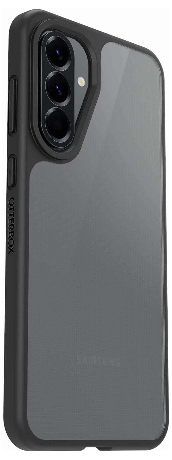 Ein schwarzes Samsung-Smartphone mit drei Rückkameras in einer OtterBox-Hülle, von hinten betrachtet.