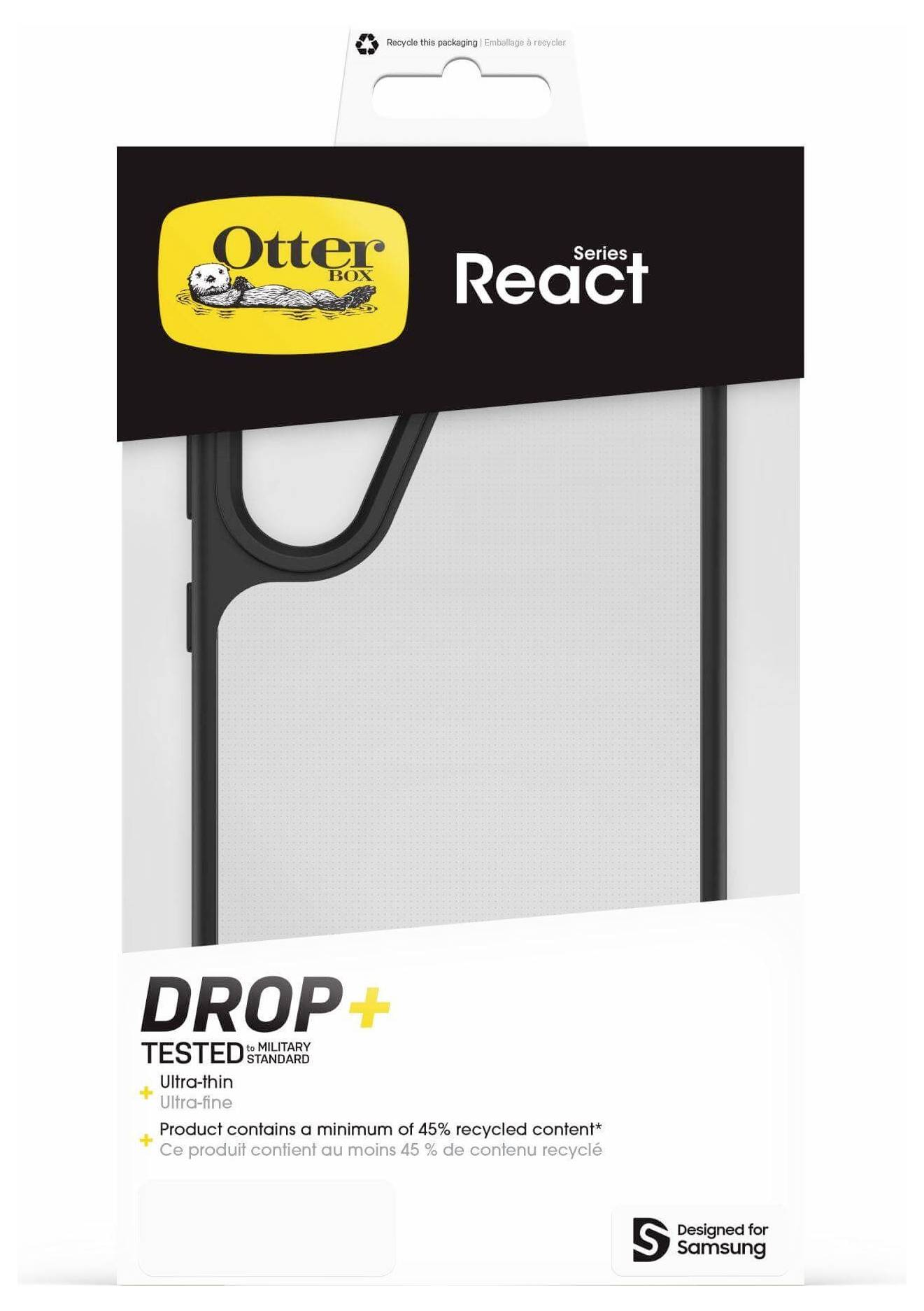 OtterBox React Series Handyhülle, gekennzeichnet als 'DROP+' und 'Ultra-dünn'. Design passend für Samsung-Smartphones; 45% recycelter Inhalt.