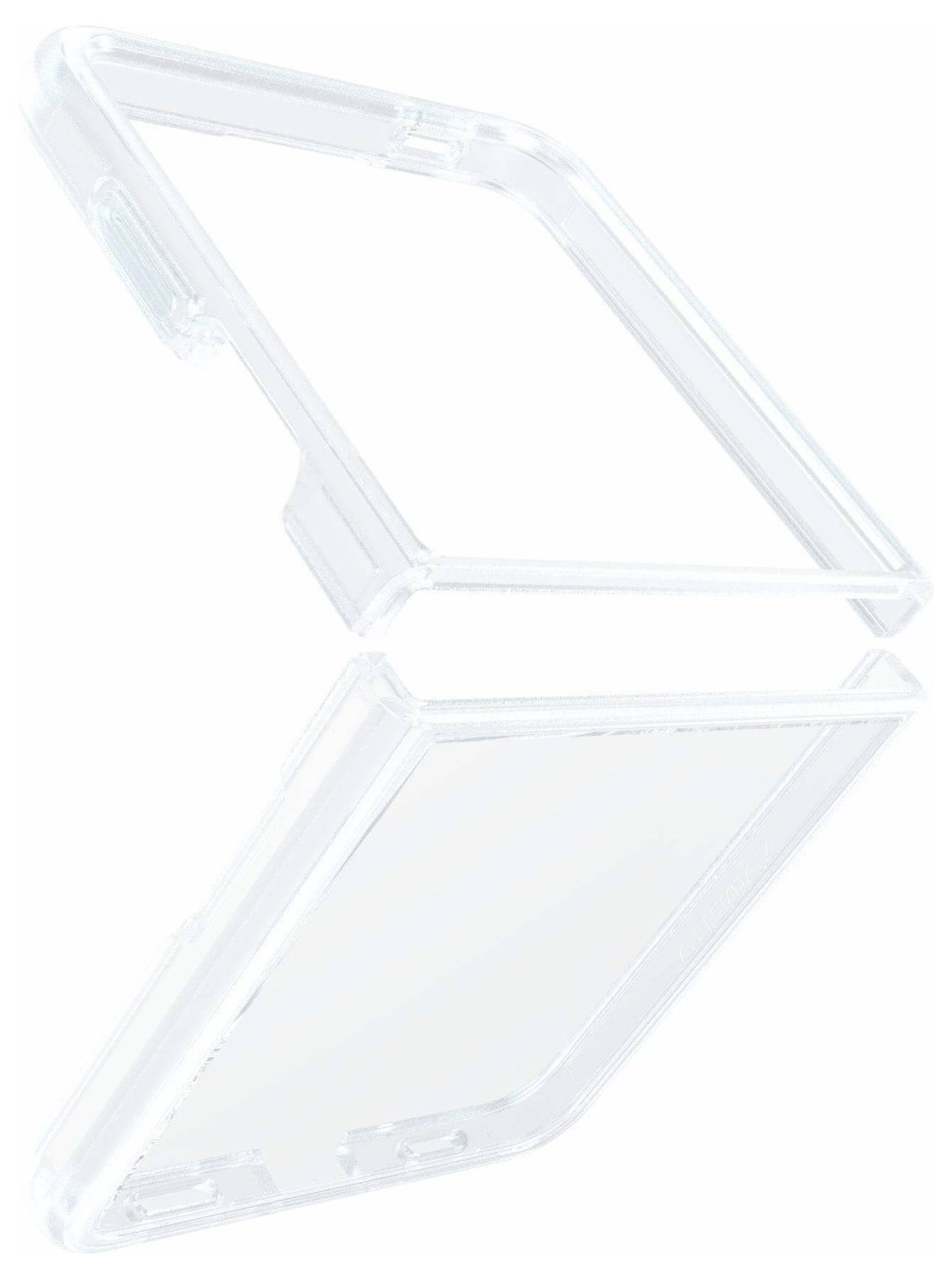 Klare, transparente Kunststoffhülle mit offener Oberseite und eckigem Design, die zwei Abschnitte zur Schutz eines faltbaren Geräts zeigt.