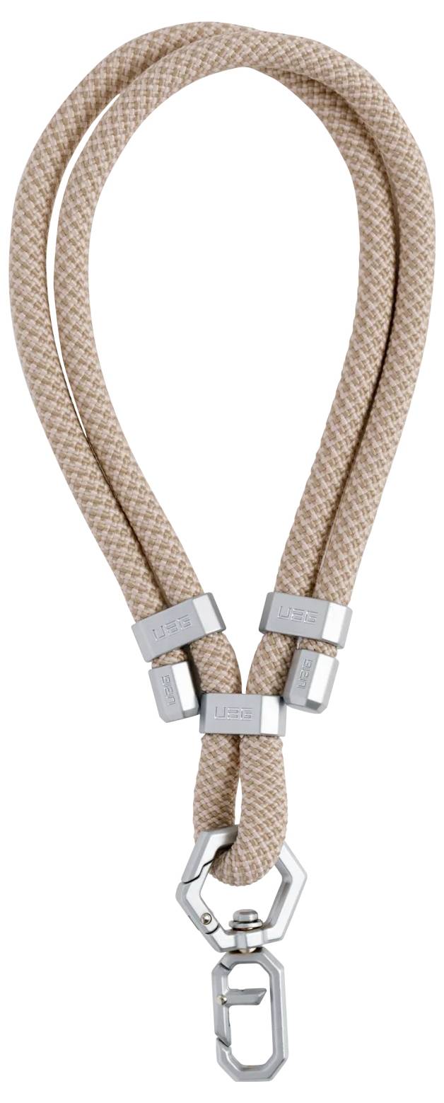 Eine beige Umhängeband aus Seil mit silbernen Metallschlaufen und einer Klemme an einem Ende, das dazu dient, Gegenstände sicher zu halten oder zu befestigen.