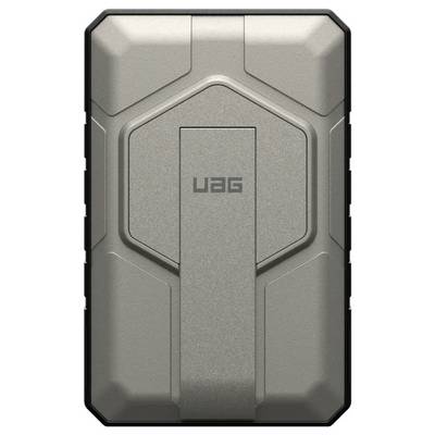 Ein robustes, metallisches Gehäuse mit geometrischem Design und 'UAG' Logo, offensichtlich entwickelt zum Schutz von elektronischen Geräten.