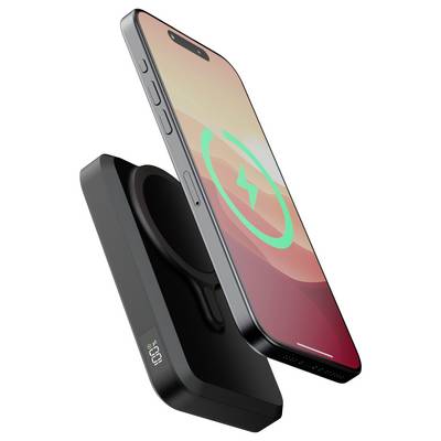 Ein Smartphone, das ein Ladessymbol zeigt, schwebt über einem drahtlosen Ladegerät und deutet auf dessen Ladefähigkeit hin.
