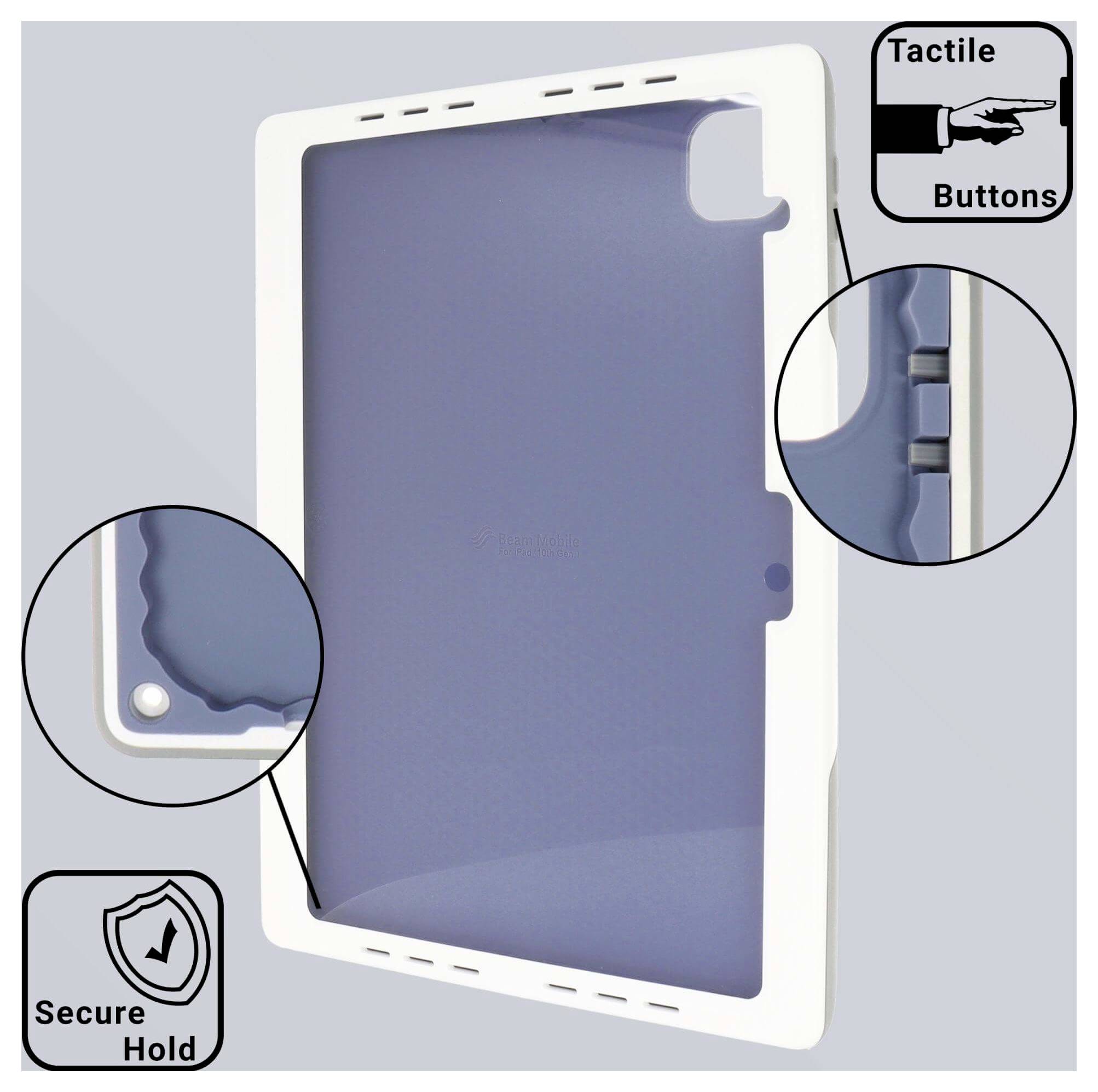 Tablet-Hülle mit Aussparungen für Tasten und Anschlüsse; verfügt über einen weichen blauen Innenbereich für sicheren Halt und taktile Knöpfe für einfache Bedienung.