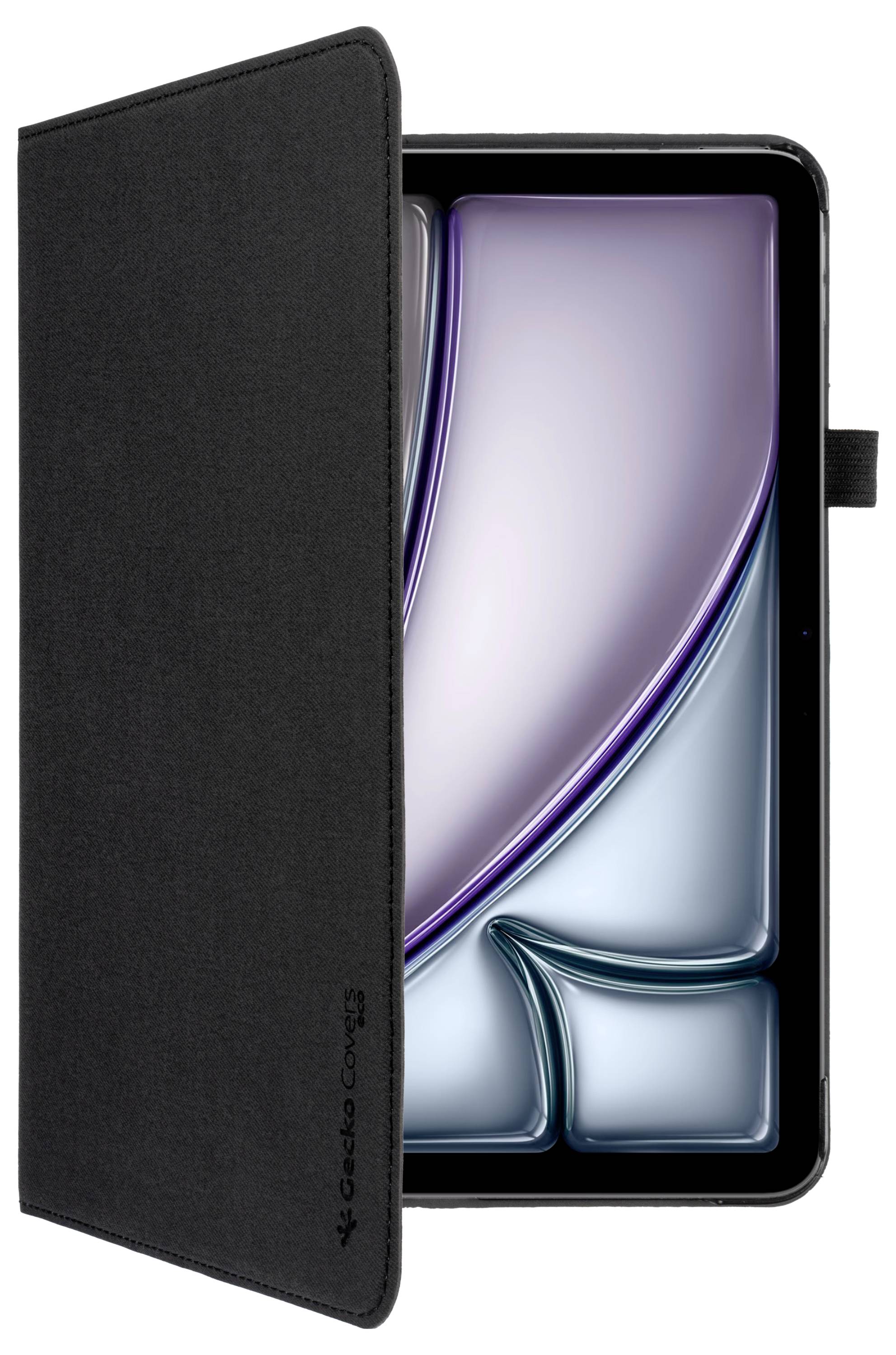 Ein Tablet mit einem schwarzen Schutzgehäuse, das teilweise geöffnet ist und ein schlankes, abstraktes Design auf dem Bildschirm offenbart.