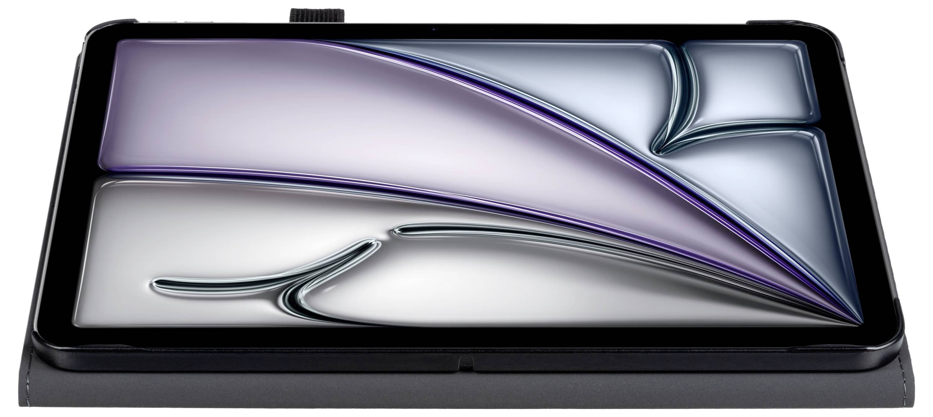 Ein Tablet mit einem abstrakten geometrischen Design auf dem Bildschirm, das weiche, geschwungene Linien in Schattierungen von Lila, Blau und Grau zeigt.