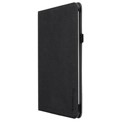 Eine elegante schwarze Tablet-Hülle mit einer strukturierten Stoffabdeckung und einem Stifthalter an der Seite.