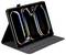 Ein schwarzes Tablet in einem grauen Etui, das ein lebhaftes abstraktes Design mit geschwungenen, farbenfrohen Linien auf einem schwarzen Hintergrund zeigt.