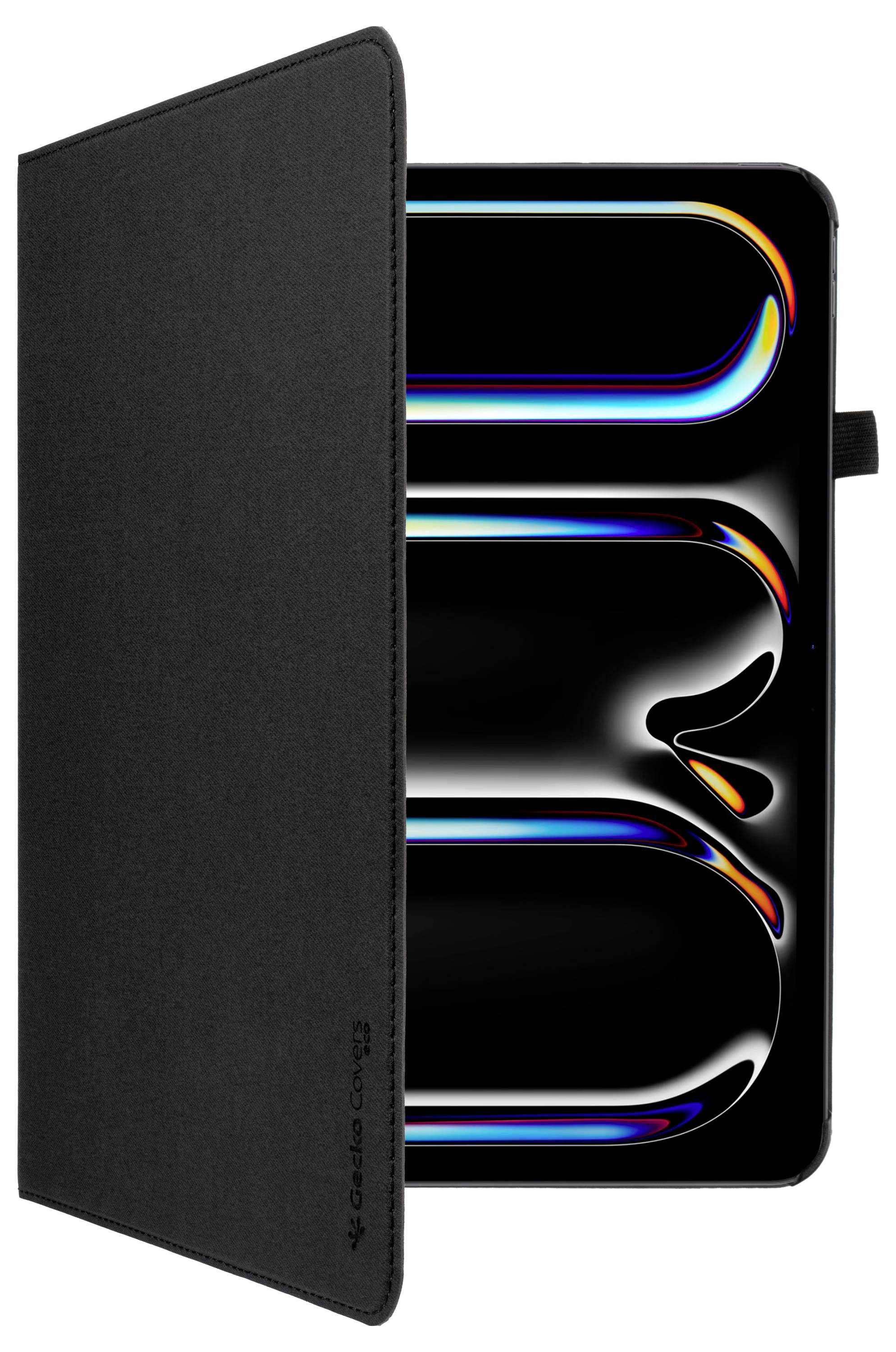 Ein Tablet mit einer schwarzen Schutzhülle ist teilweise geöffnet und zeigt einen Bildschirm mit farbenfrohen abstrakten Designs auf schwarzem Hintergrund.