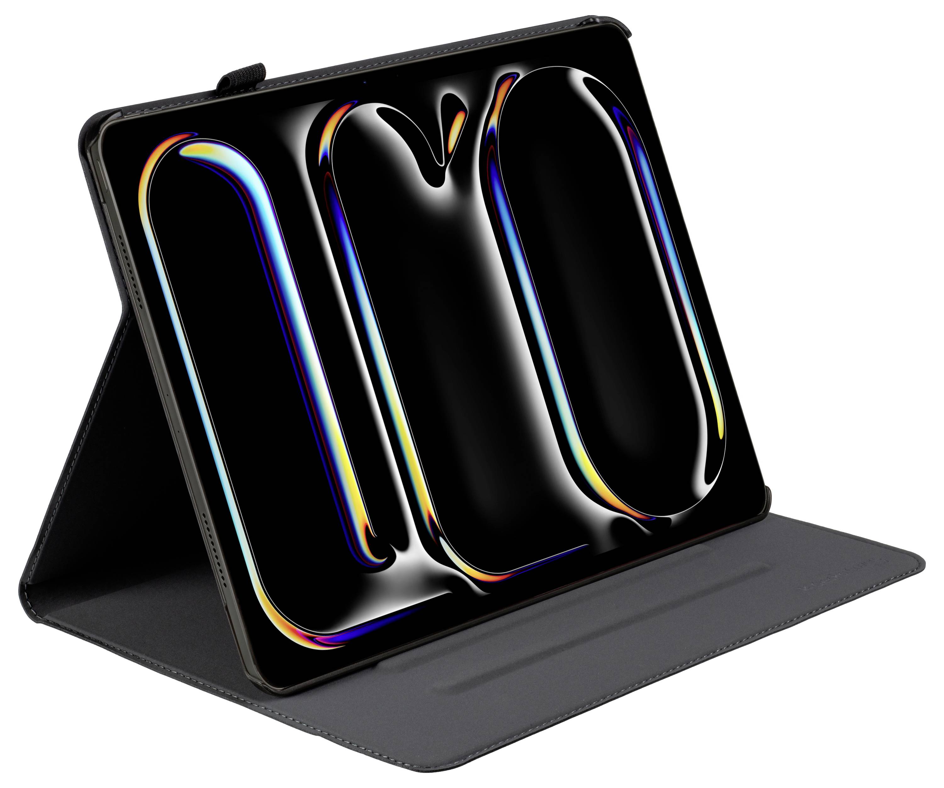 Tablet in einem schwarzen Etui mit einem bunten, abstrakten Bildschirmhintergrund, der fließende, metallische Formen vor einem schwarzen Hintergrund zeigt.