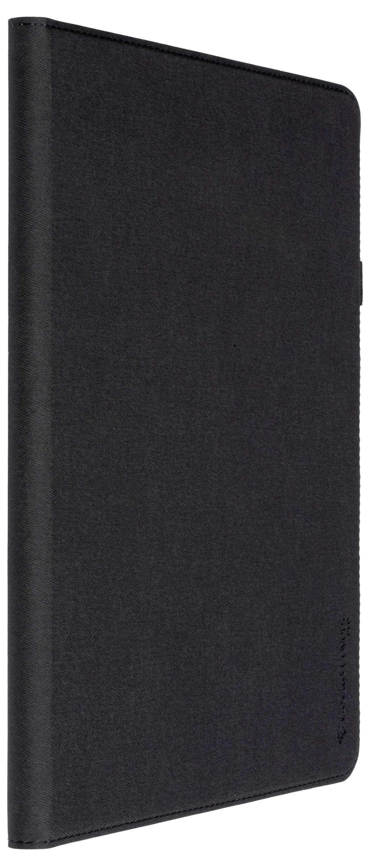 Eine schlanke schwarze Tablet-Hülle mit strukturierter Oberfläche, aufrecht stehend, die ihr schmales Profil und Design zum Schutz zeigt.