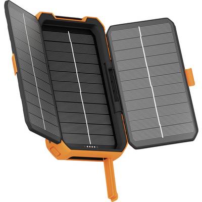Ein tragbares Solarladegerät mit drei faltbaren Solarpanels, ausgestattet mit einem orangefarbenen Rahmen und einer LED-Anzeige, speziell für den Outdoor-Einsatz konzipiert.