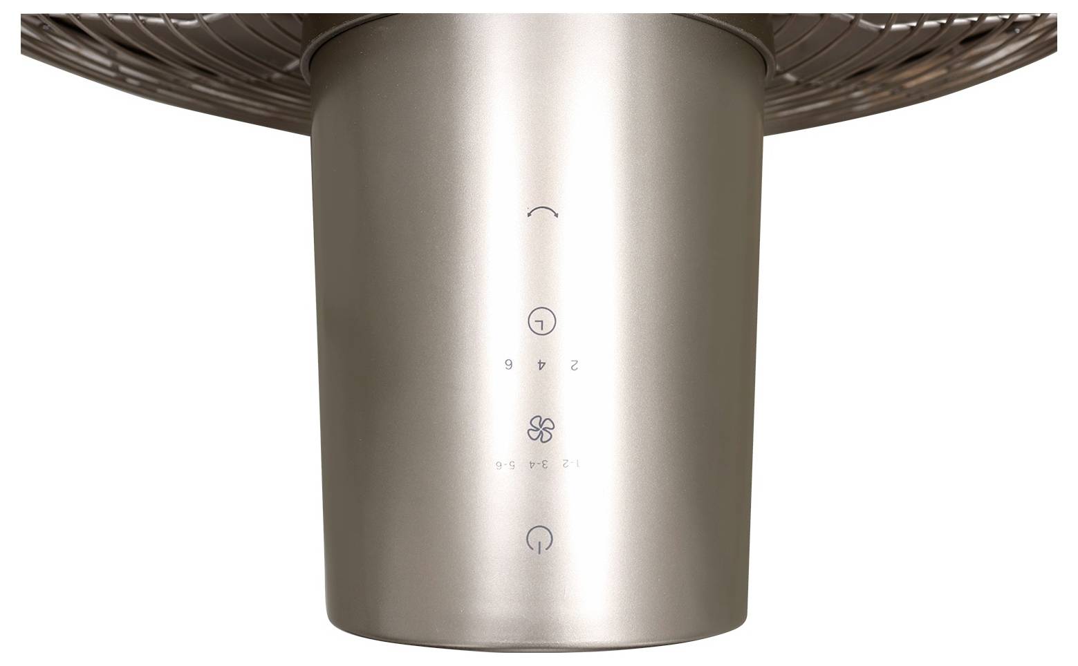 Ein gebürsteter Metallzylinder mit drei taktilen Tasten und Symbolen, mit einem Ventilator-Symbol in der Mitte, vor einem weißen Hintergrund.