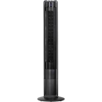 Hoher schwarzer Turmventilator mit digitalem Display, ausgestattet mit vertikalen Lamellen für die Luftzirkulation.