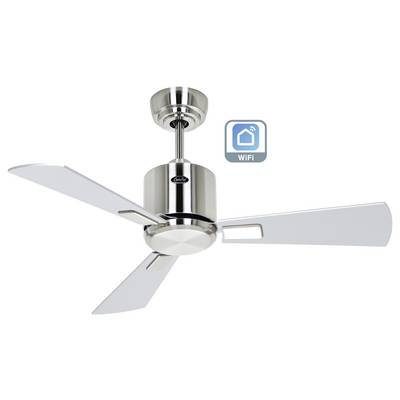 Moderner weißer Deckenventilator mit drei Flügeln, gebürstete Metalloberfläche, WLAN-fähig, mit Smart-Home-Konnektivitätssymbol.