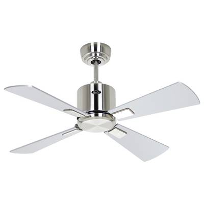 Ein Deckenventilator aus gebürstetem Metall mit vier silbernen Flügeln, entworfen für moderne Innenräume.