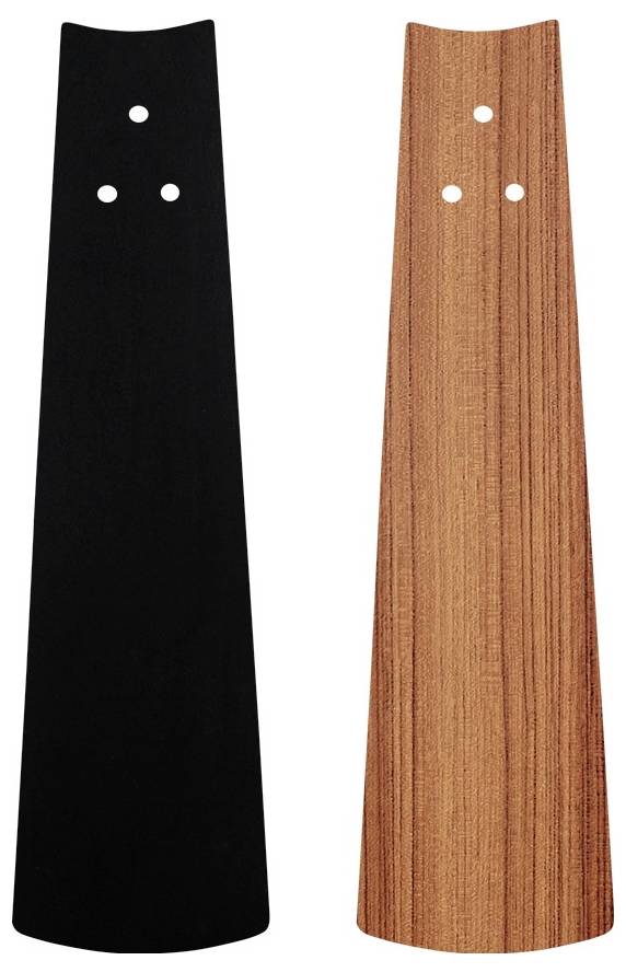 Zwei Ventilatorflügel: einer schwarz mit matter Oberfläche und einer aus Holz mit natürlicher Maserung, beide mit drei Befestigungslöchern.
