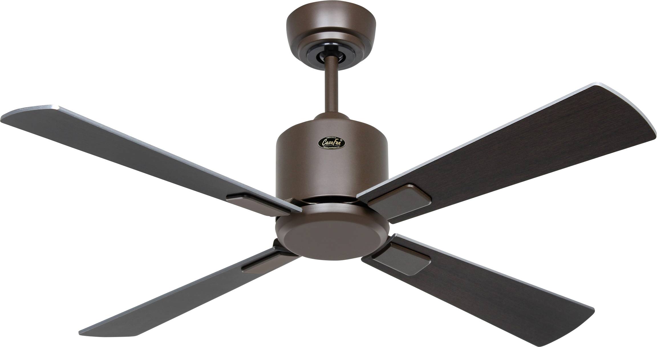 Ein Deckenventilator mit vier dunkelbraunen Flügeln und einem zentralen Motorgehäuse, entwickelt für eine effiziente Luftzirkulation in Innenräumen.