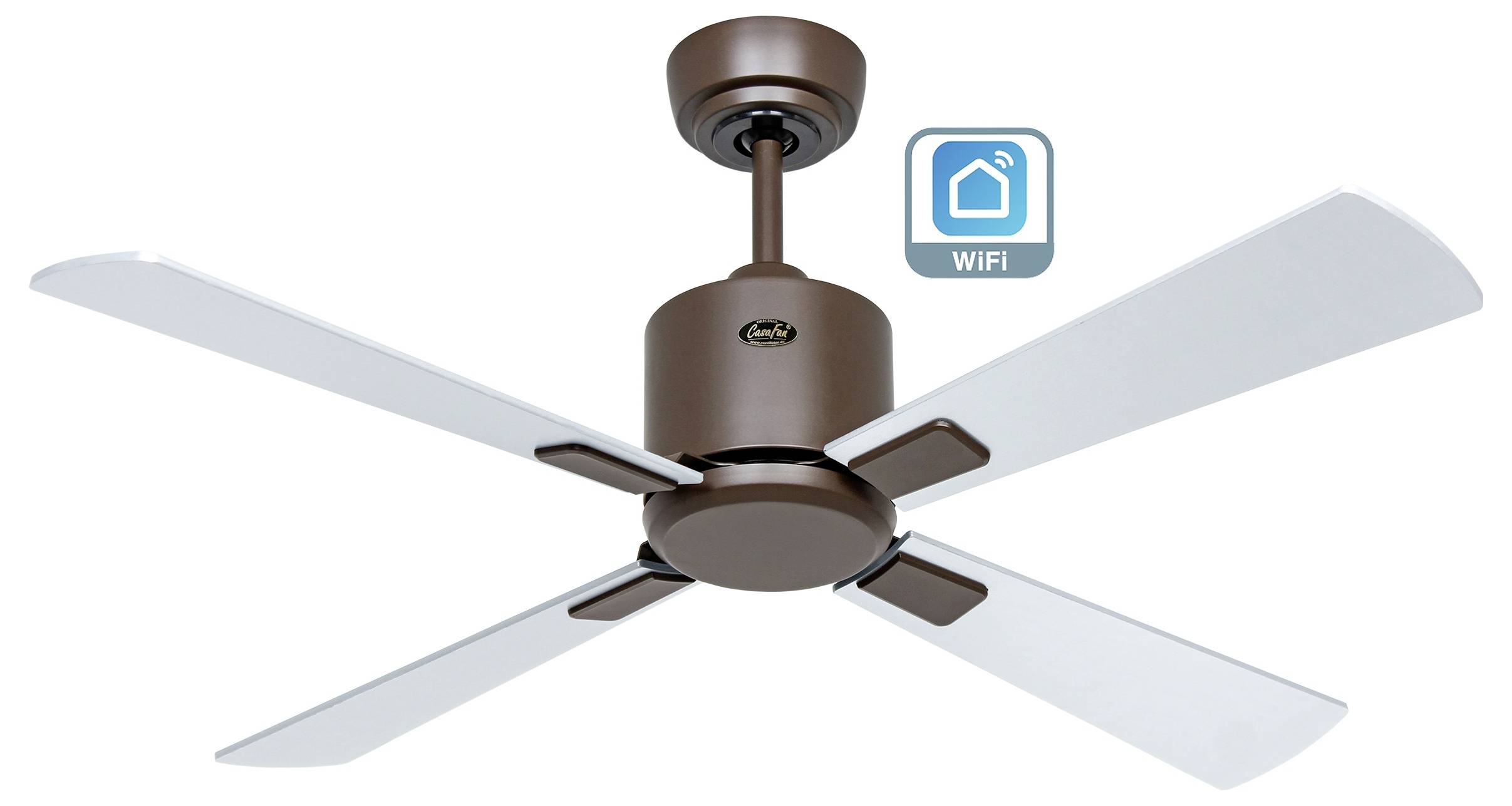 Ein Deckenventilator mit vier weißen Flügeln und einem braunen Motorgehäuse. Ein WLAN-Symbol zeigt intelligente Konnektivitätsfunktionen an.