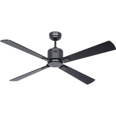 Ein schwarzer Deckenventilator mit vier Flügeln, die jeweils an einem zentralen Motorgehäuse und einer kurzen Pendelstange befestigt sind, für den Innenbereich konzipiert.