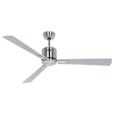 Ein moderner Deckenventilator mit drei silbernen Flügeln und einer metallischen Oberfläche, montiert auf einer silbernen Basis, entwickelt für effiziente Luftzirkulation.