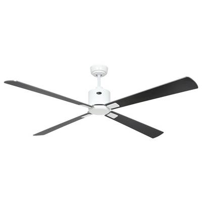 Weiße Deckenventilator mit vier schwarzen Flügeln in modernem Design.