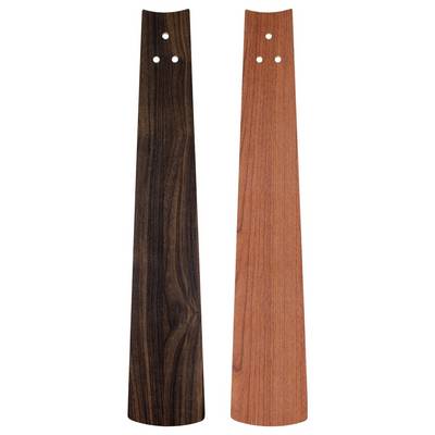 Zwei hölzerne Ventilatorflügel: einer aus dunklem Holz mit sichtbarer Maserung und einer aus hellem Holz. Beide haben drei Löcher oben zur Befestigung.