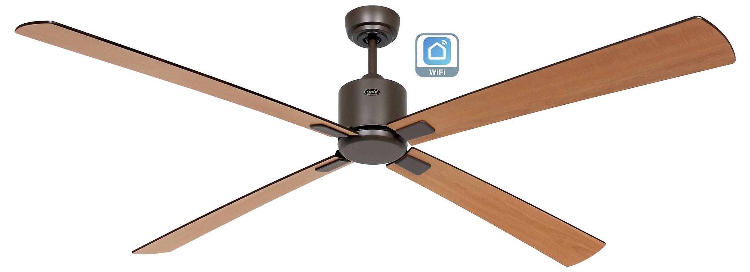 Deckenventilator mit Holzflügeln und einem WLAN-Symbol, das intelligente Steuerungsmöglichkeiten anzeigt.