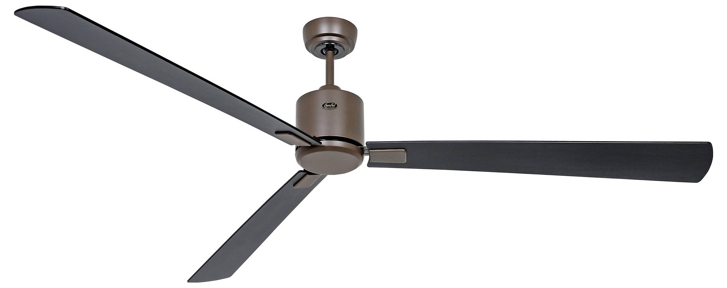 Ein moderner Deckenventilator mit drei schwarzen Flügeln und einer braunen zentralen Nabe, dargestellt vor einem schlichten weißen Hintergrund.