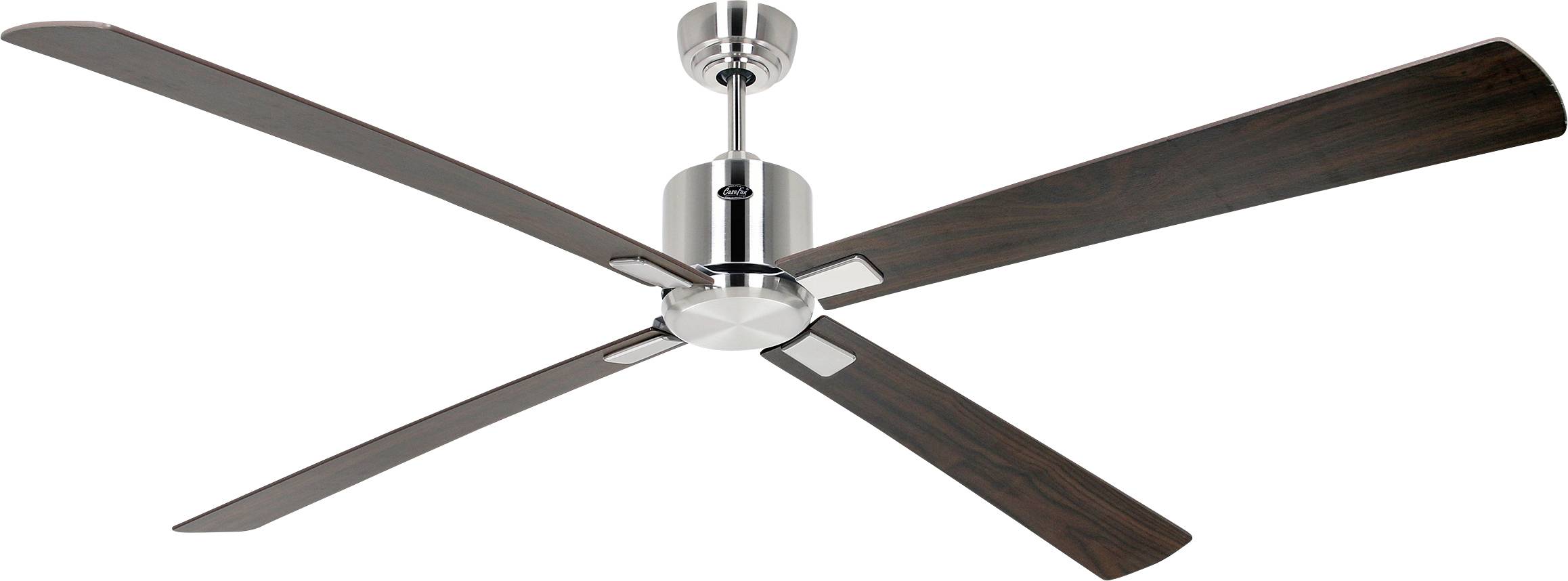 Ein Deckenventilator mit eleganten Metall- und dunklen Holzflügeln mit zeitgenössischem Design.