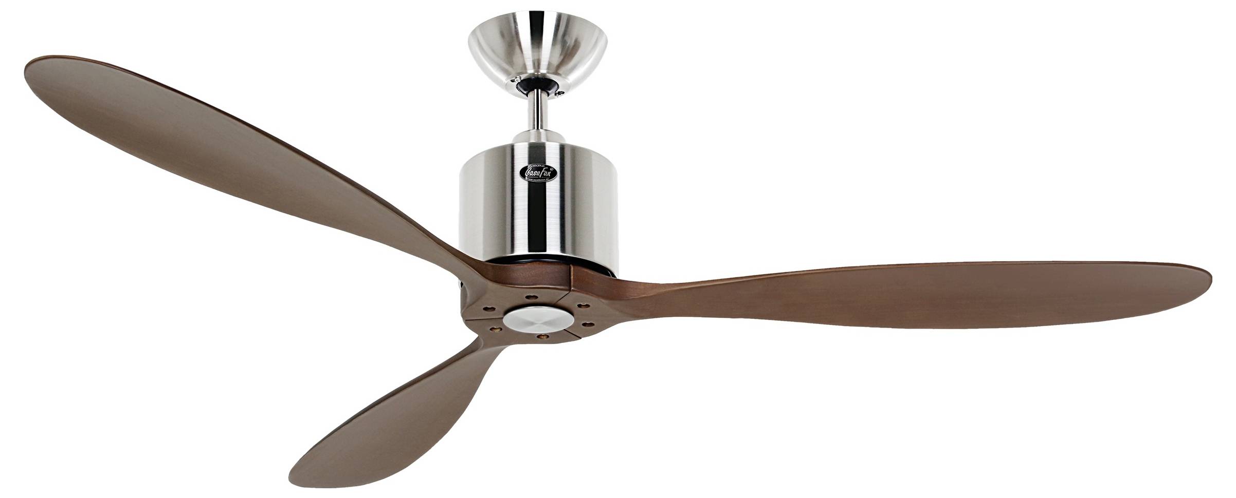 Ein Deckenventilator mit modernem Design verfügt über drei braune Holzflügel und eine metallische zentrale Nabe, geeignet für den Einsatz zu Hause oder im Büro.