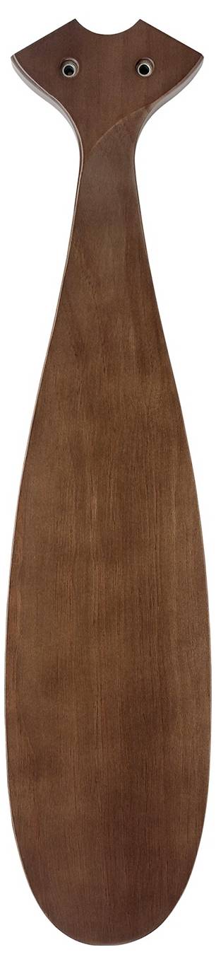 Holzkanu-Paddel mit dunkelbrauner Oberfläche, zeigt ein längliches, ovales Blatt und einen schmalen, leicht gebogenen Griff.