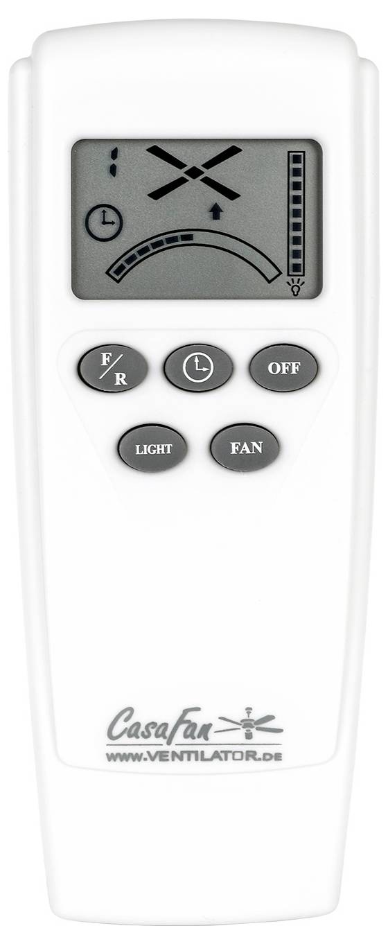 Fernbedienung für Deckenventilator mit Tasten für Vorwärts/Rückwärts, Ventilatorgeschwindigkeit, Licht und Ein/Aus. Display zeigt Ventilatorgeschwindigkeit und Timer an.