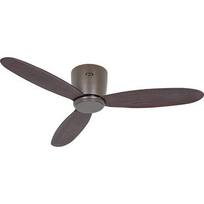 Ein brauner Deckenventilator mit drei Holzflügeln, montiert auf einem einfachen, zylindrischen Sockel.