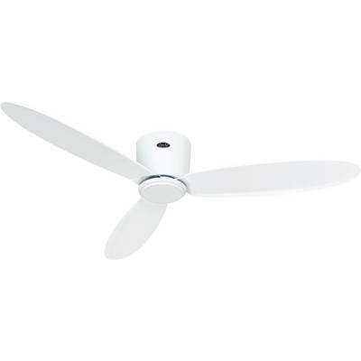 Ein weißer Deckenventilator mit drei Flügeln, der an der Decke montiert ist und ein modernes Design mit einem einfachen, eleganten Erscheinungsbild zeigt.