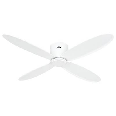Ein weißer Deckenventilator mit vier Flügeln, montiert an einer weißen Decke.