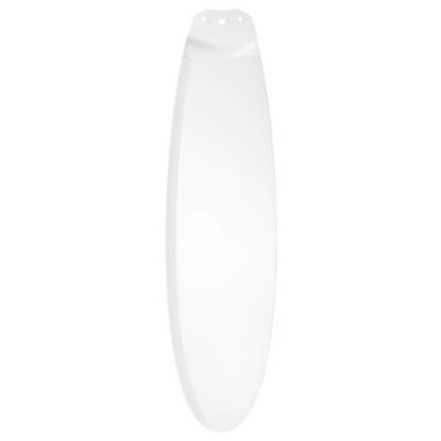 Ein eleganter, weißer Deckenventilatorflügel mit einer glatten Oberfläche und abgerundeten Kanten, der zwei Befestigungslöcher am oberen Ende aufweist.