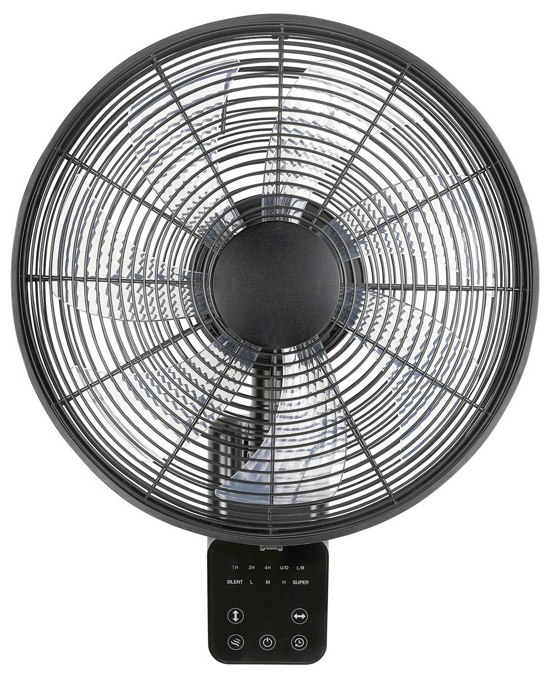 Ein schwarzer oszillierender Ventilator mit Schutzgitter und Bedienfeld mit Tasten mit den Beschriftungen 'Silent', '1', '2', '3' und 'Super'.