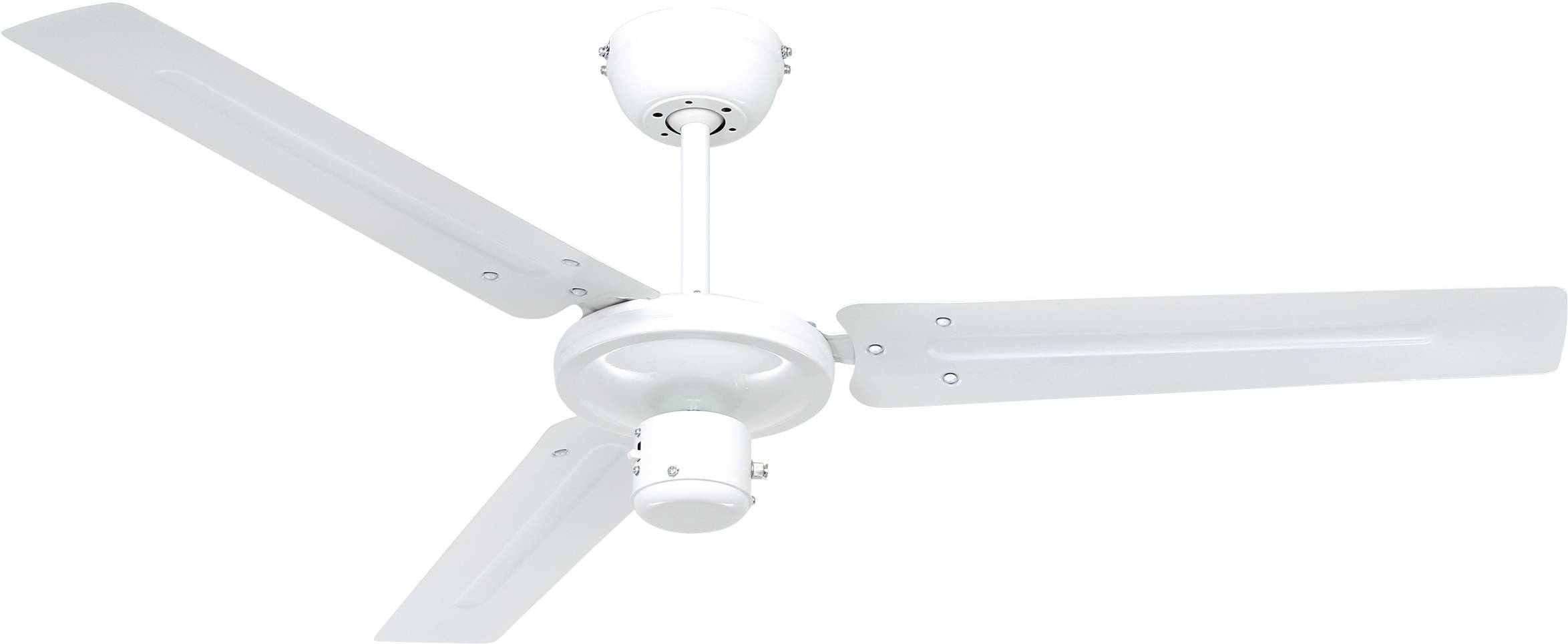 Ein weißer Deckenventilator mit drei Flügeln, entworfen für den Heim- oder Bürogebrauch, dargestellt vor einem schlichten Hintergrund.