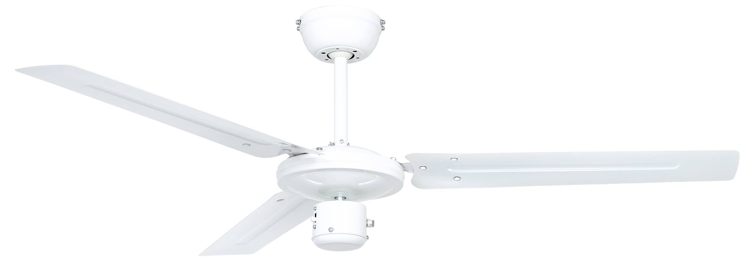 Ein weißer, dreiblättriger Deckenventilator von unten betrachtet, an einer weißen Decke montiert, konzipiert für die Luftzirkulation in Innenräumen.