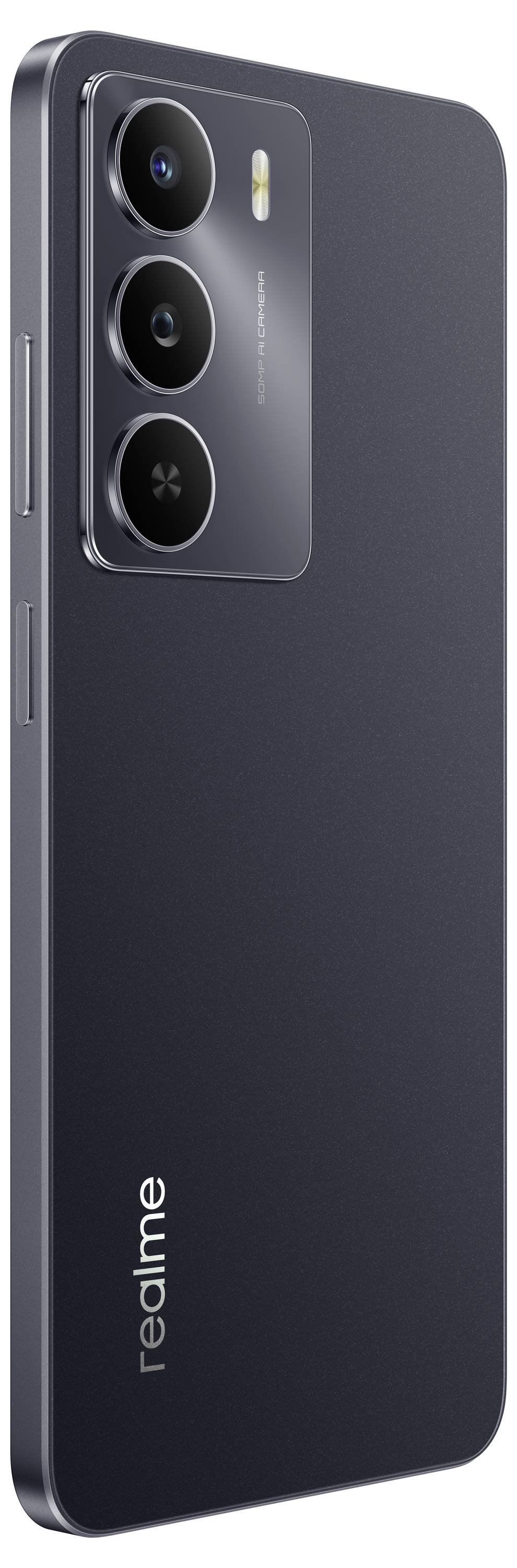 Ein schlankes schwarzes Smartphone mit drei vertikal ausgerichteten Rückkameralinsen, mit dem 'realme'-Logo in der unteren Ecke.