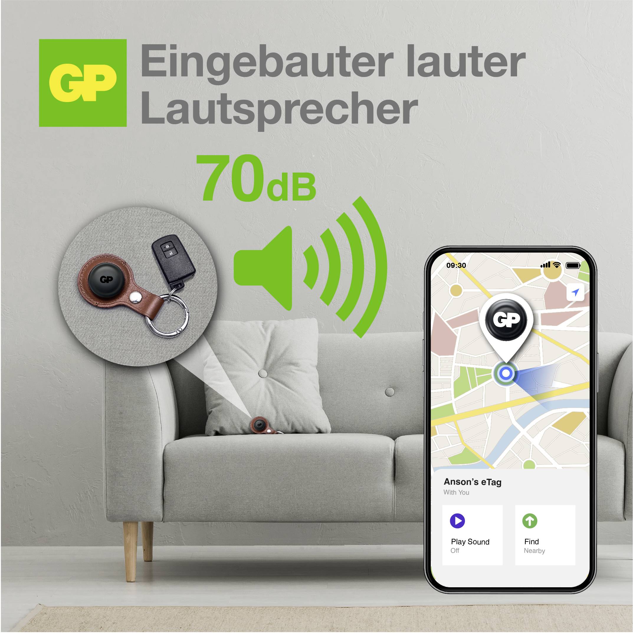 Ein Schlüsselanhänger-Tracker auf einem Sofa sendet einen 70-dB-Ton. Eine App auf einem Handy zeigt die Position des Trackers auf einer Karte. Text: 'Eingebauter lauter Lautsprecher'.