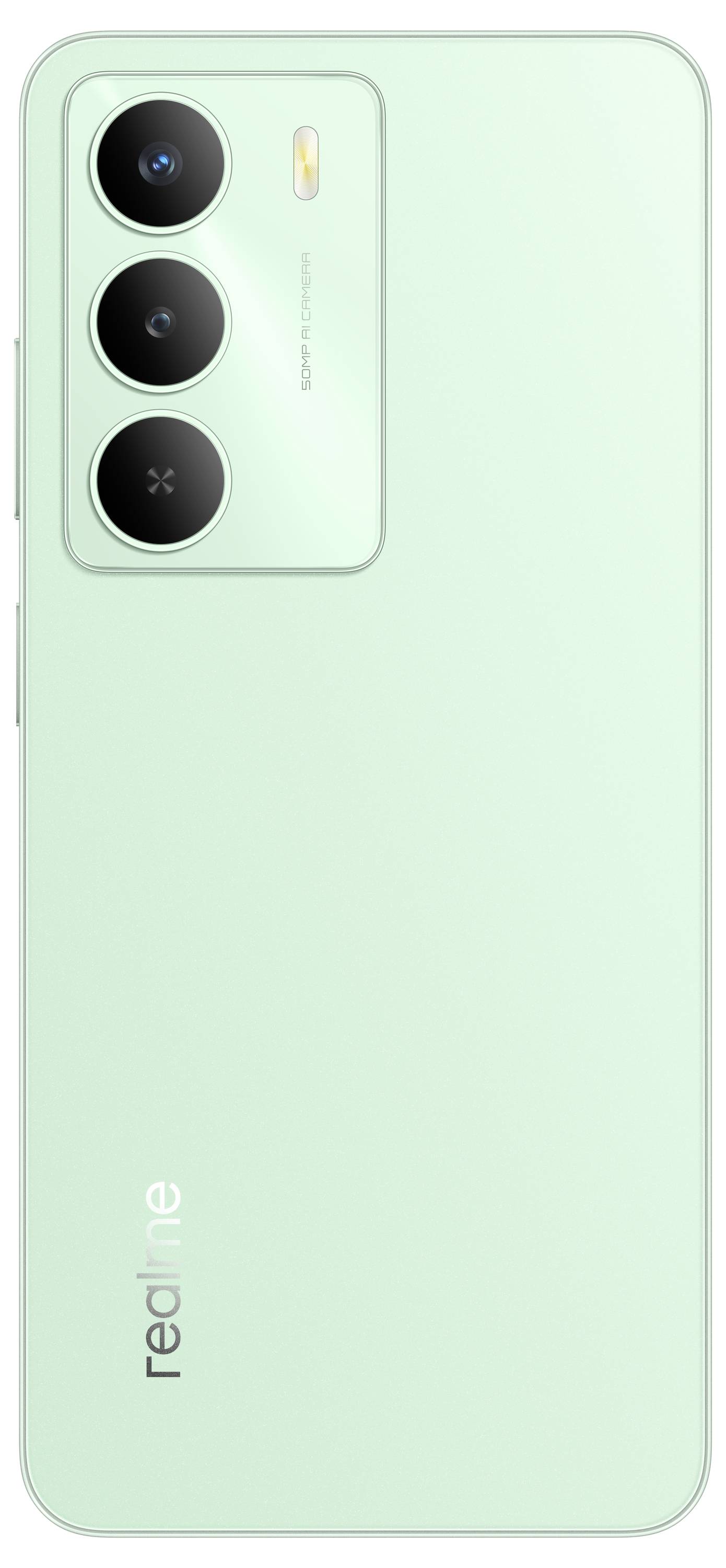 Grünes Smartphone mit drei Rückkameras und einem Blitz auf der Rückseite, das ein schlankes, minimalistisches Design mit dem Markenlogo am unteren Rand aufweist.
