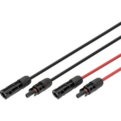 Zwei Solarpanel-MC4-Steckverbinder mit schwarzen und roten Kabeln. Das schwarze Kabel hat einen männlichen Steckverbinder und das rote Kabel hat einen weiblichen Steckverbinder.