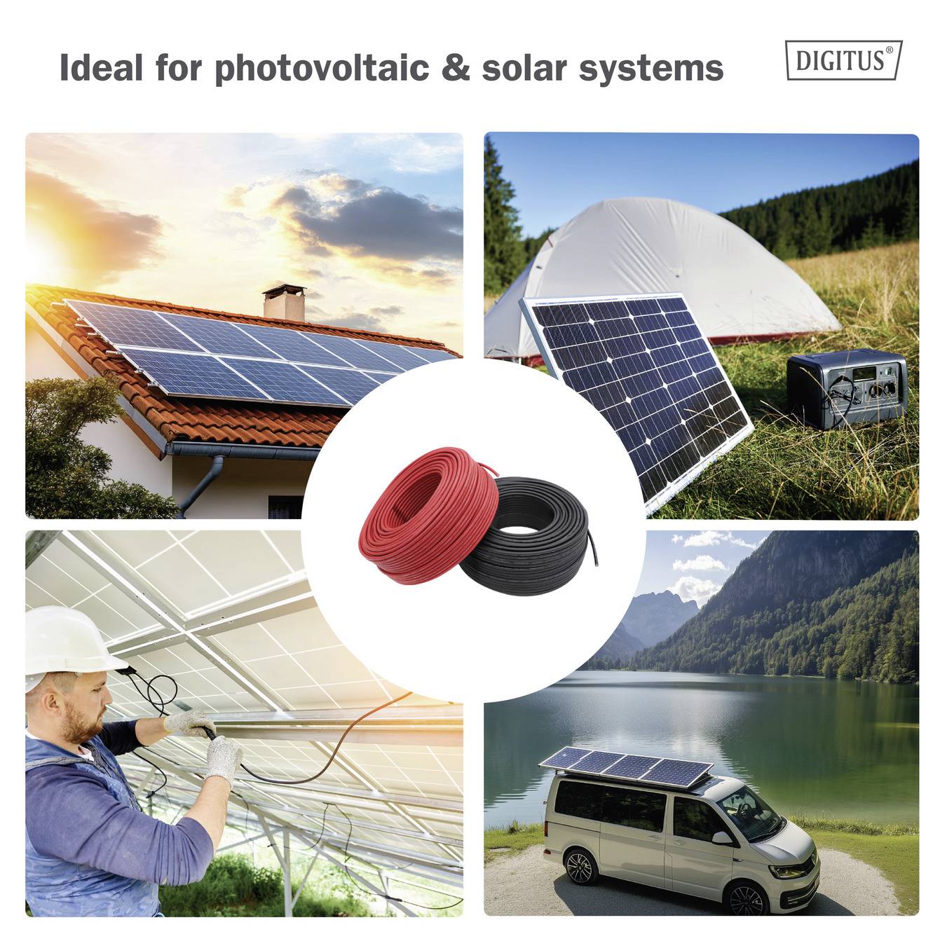 Solarpanels auf einem Dach, ein Zeltaufbau, ein Installationsarbeiter und ein Van an einem See, die Photovoltaik- und Solarsysteme veranschaulichen.