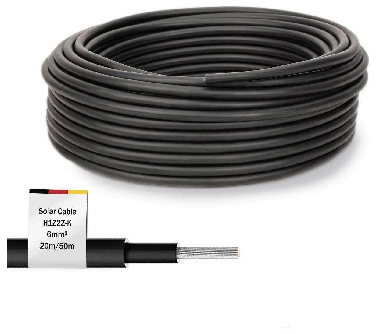 Ein aufgerolltes schwarzes Solarkabel mit der Beschriftung 'Solar Cable H1Z2Z-K 6mm² 20m/50m', geeignet für Solaranlagen.