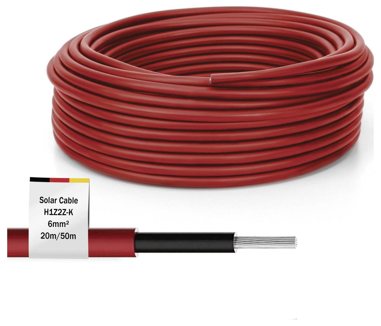 Eine Rolle rotes Solarkabel mit der Bezeichnung 'H1Z2Z2-K', 6 mm² dick, in einer Länge von 20 m/50 m, teilweise abgerollt, um den metallischen Kern freizulegen.