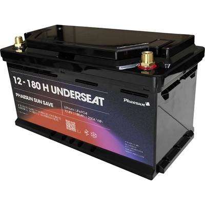 Eine schwarze Batterie mit der Aufschrift "Phaesun Sun Save 12-180 H Underseat" mit Details wie "Lithium LiFePo4 12,8V 180Ah, 2304 Wh" an der Seite.