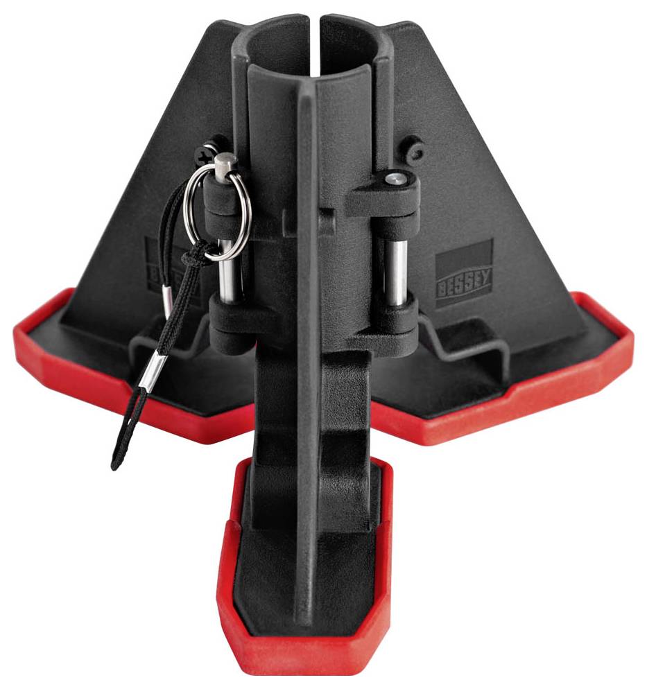 Eine schwarze und rote Eckklemme mit einem zylindrischen Halter und einem Schlüsselanhänger, die zum Zusammenhalten von Werkstücken während der Konstruktion oder Reparatur verwendet wird.