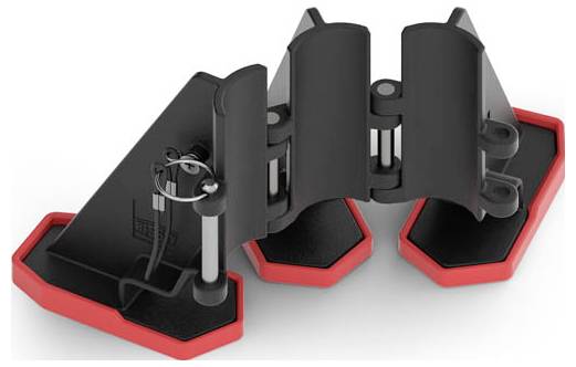 Ein zusammenklappbarer Laptopständer in Schwarz und Rot, der eine verstellbare Höhe und Neigung bietet und darauf ausgelegt ist, eine ergonomische Körperhaltung zu verbessern und die Belüftung zu optimieren.